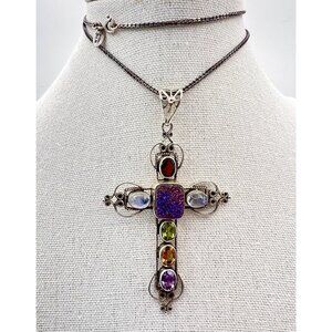 NICKY BUTLER 925 Silver Druzy Gemstone Cross Pendant Necklace